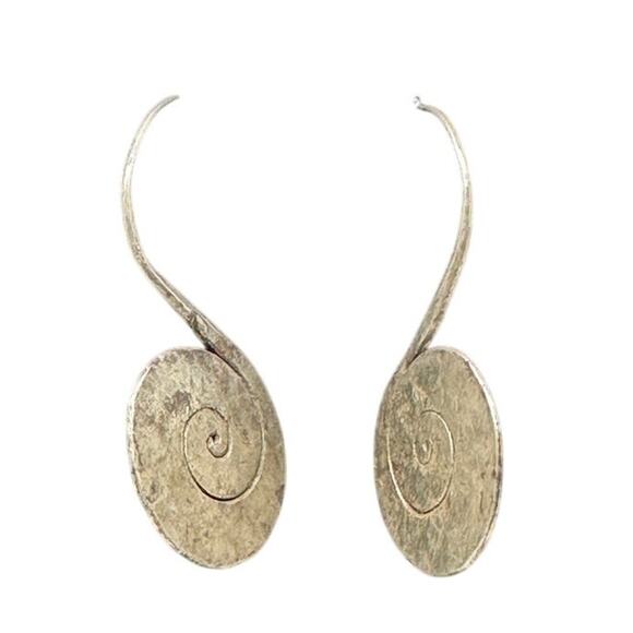 Silver Tone Spiral Earrings Primitive Style Hammered Metal - Picture 1 of 6